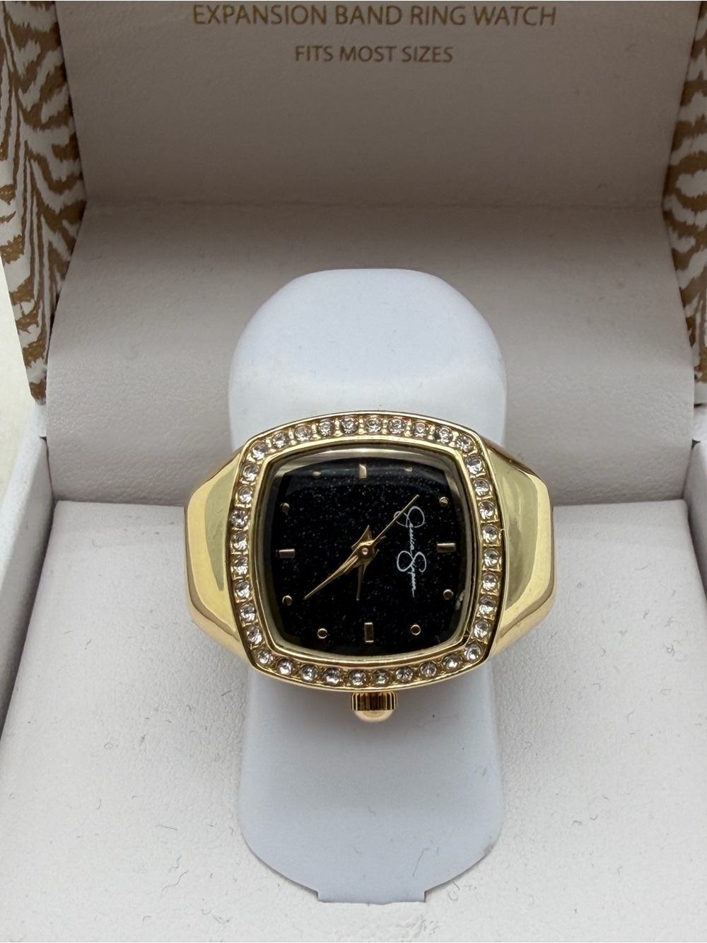 Jessica Simpson Gold-Tone Crystal Black Dial Ring Watch